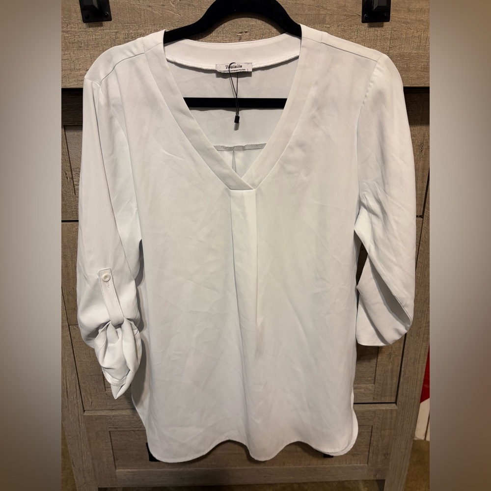 Vince Camuto Light White V-Neck Roll-Tab Sleeve Blouse